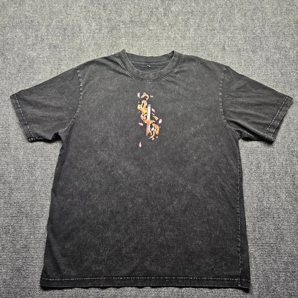 Demon Slayer Tanjiro Kamado Acid Wash Graphic T-Shirt XL Black Anime Tee